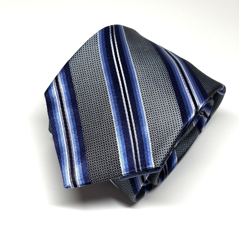 Egara Silk Necktie Men OS Blue Grey Striped Excellent Textured Geometric Tie